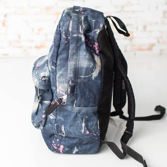 JanSport Backpack Distressed Denim Paint Splatter Print T501 Blue/Pink - Picture 5 of 9